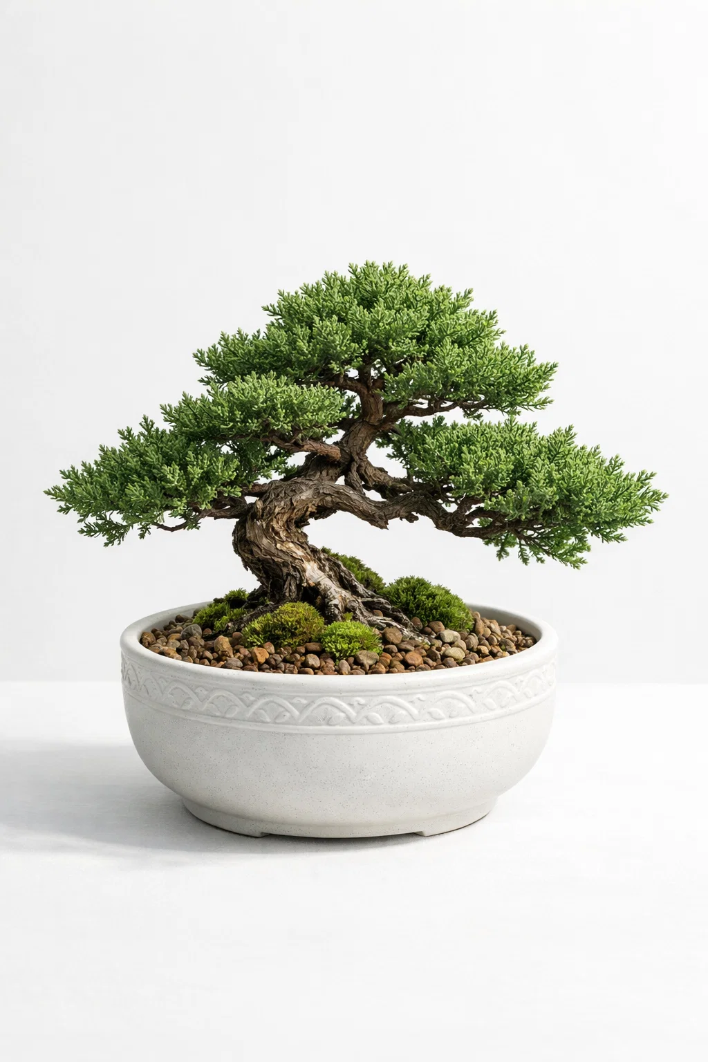 juniper bonsai miniature evergreen tree with needle foliage in bonsai pot